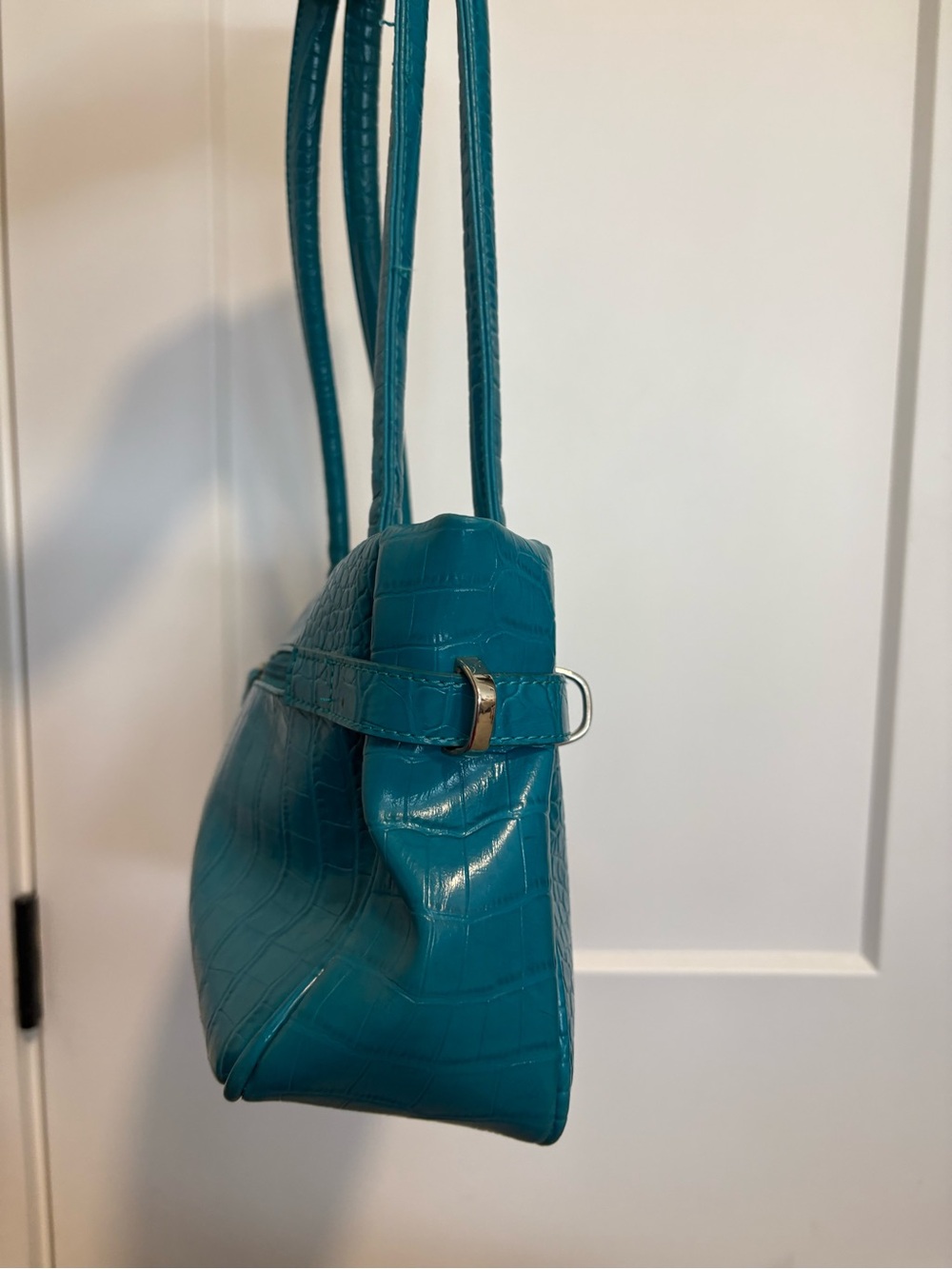 Y2K Joanel Teal Croc-Embossed Leather Shoulder Bag - Picture 3 of 15